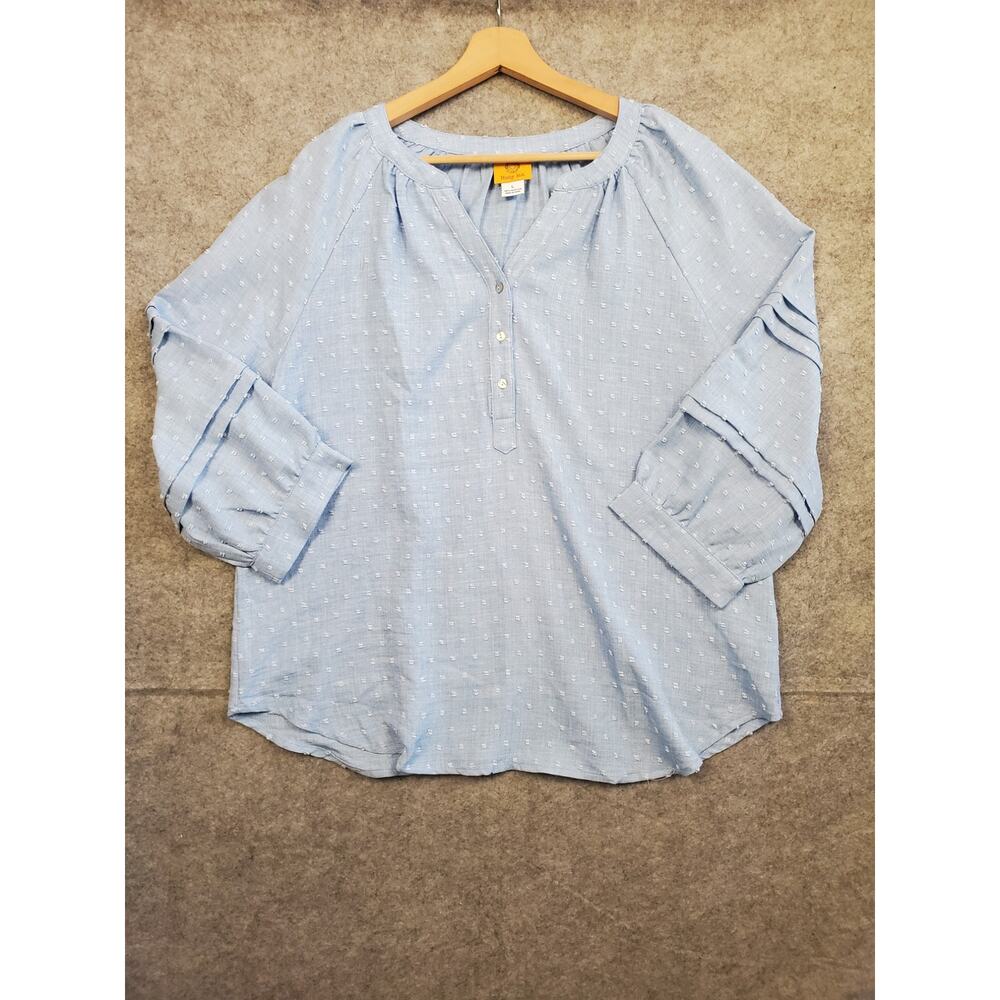 Women's Ruby Rd. Size Large Blue & White Textured Boho V-Neck Tunic Blouse